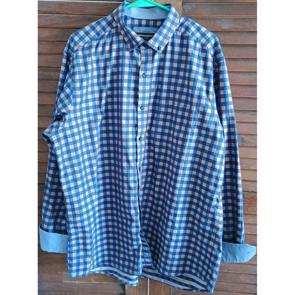 Johnston Murphy Button-Collar Premium Cotton Shirt Mens Brown Navy Preppy‎ XL